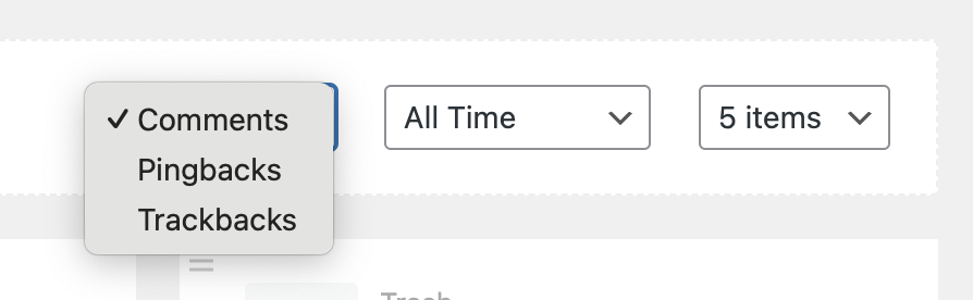 Dashboard Comment Types - CommentsWP List of different comments types to filter Cards on the Dashboard page